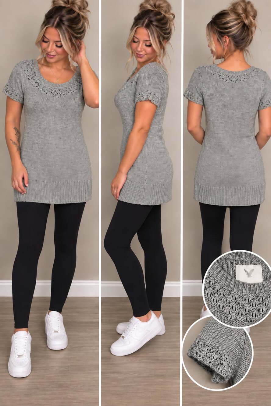 American Eagle Outfitters Knit Sweater Size M Gray Short Sleeve Tunic